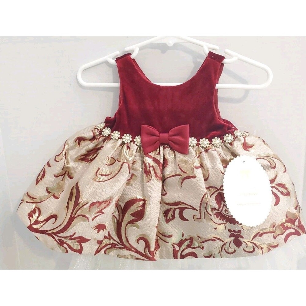 NWT American Princess Ruby Red Baby Girl Dress 6M Velvet Gold Thread